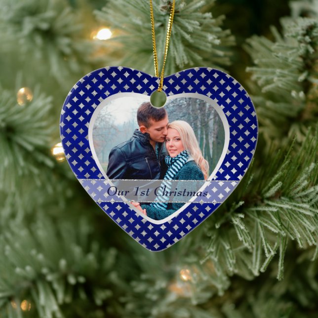 Blue Silver Diamond Pattern Newlywed Ceramic Ornament (Tree)