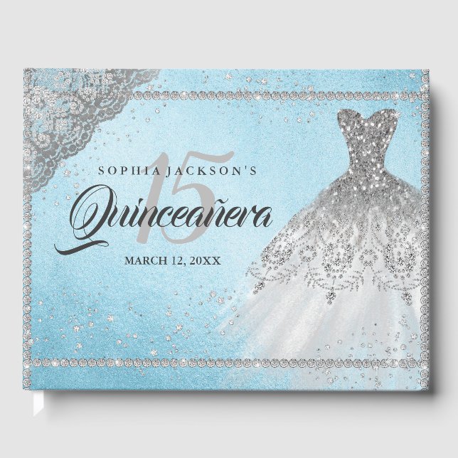 Blue Silver Diamond Sparkle Gown Quinceanera Guest Book (Front)