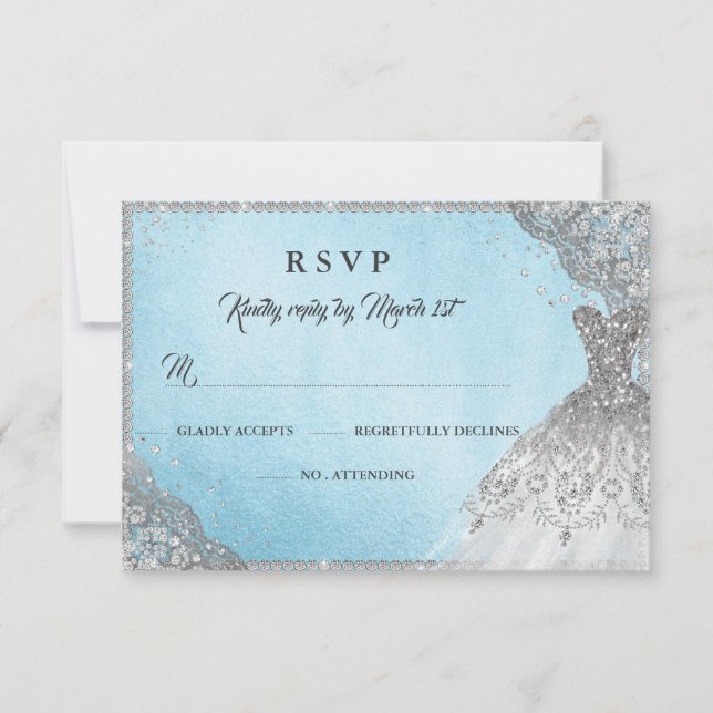 Blue Silver Diamond Sparkle Gown RSVP Card (Front)