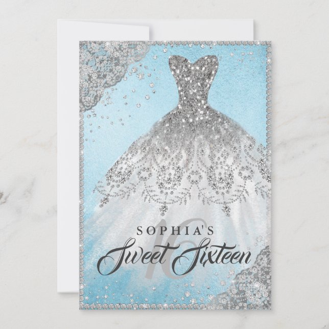 Blue Silver Diamond Sparkle Gown Sweet Sixteen Invitation (Front)