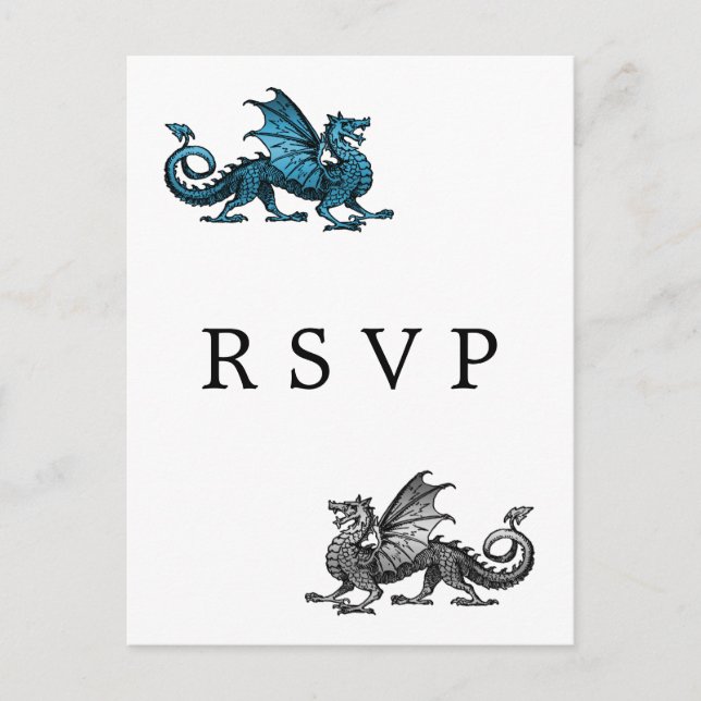 Blue Silver Dragon Wedding RSVP Postcard (Front)