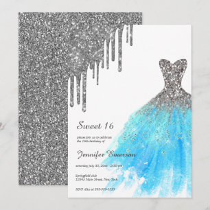Blue Silver Dress Glitter Drips Sweet Sixteen Invitation