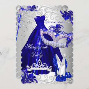 Blue & Silver Dress masquerade Quinceanera Invite