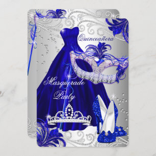 Blue & Silver Dress masquerade Quinceanera Invite