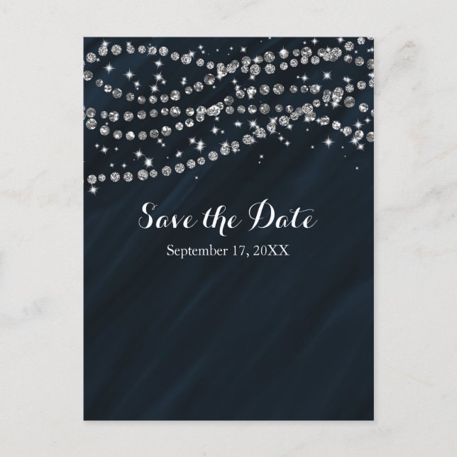 Blue & Silver Faux Diamond Bling Save The Date Announcement Postcard (Front)