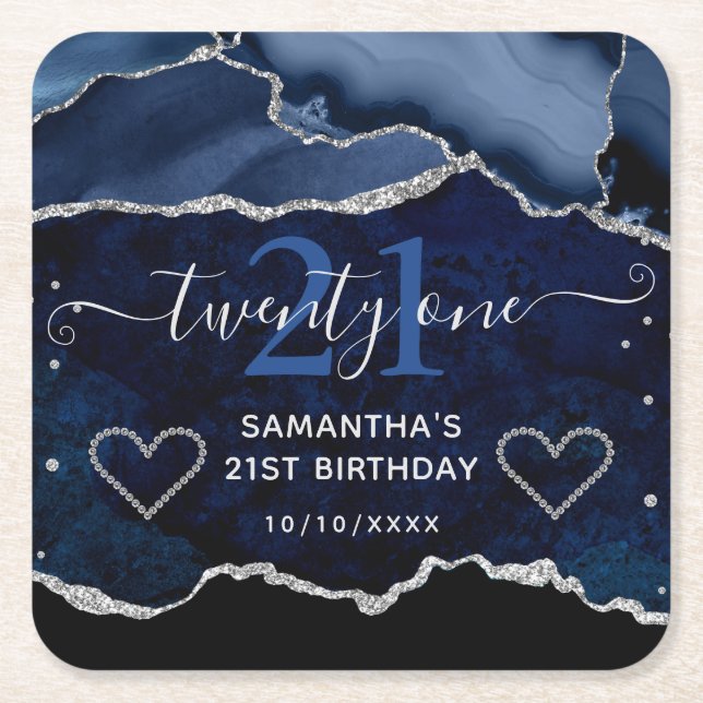 Blue & Silver Faux Glitter Agate Marble Birthday Square Paper Coaster (Front)