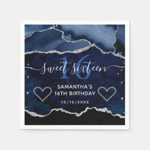 Blue & Silver Faux Glitter Agate Marble Sweet 16 Napkin
