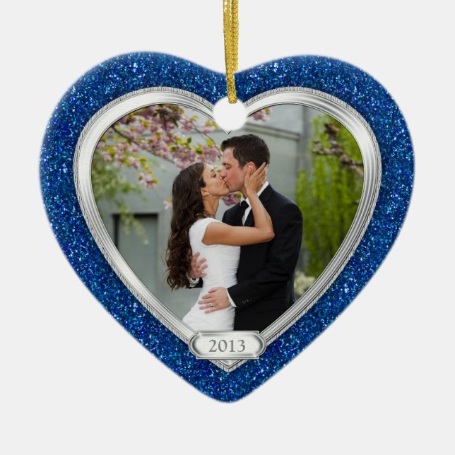Blue Silver First Christmas Together Photo Xmas Ceramic Tree Decoration (Front)