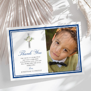 Blue Silver First Holy Communion Photo Thank You Card