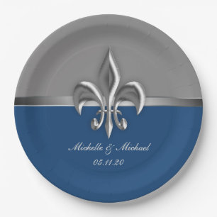 Blue Silver Fleur de Lis Paper Plate