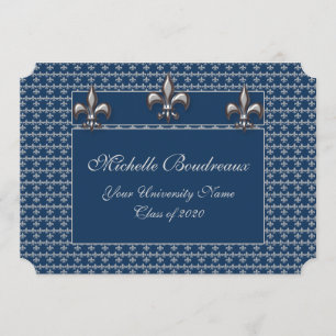 Blue Silver Fleur de Lis Trio Graduation Invitation