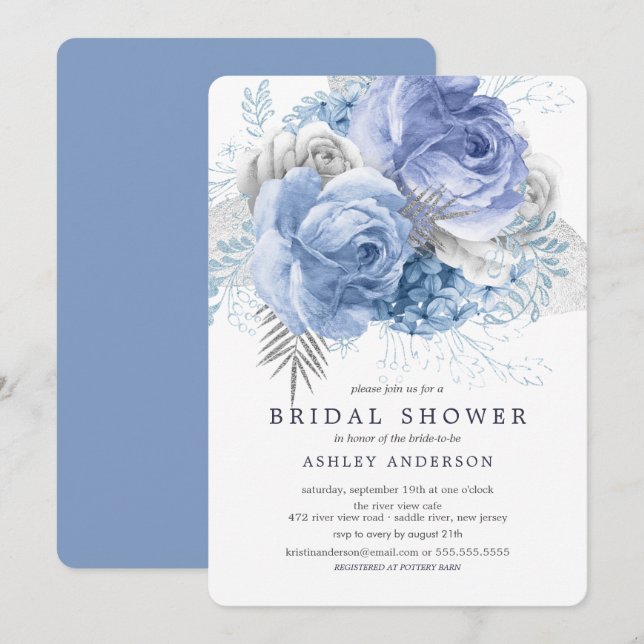 Blue & Silver Floral Bridal Shower Invitation (Front/Back)