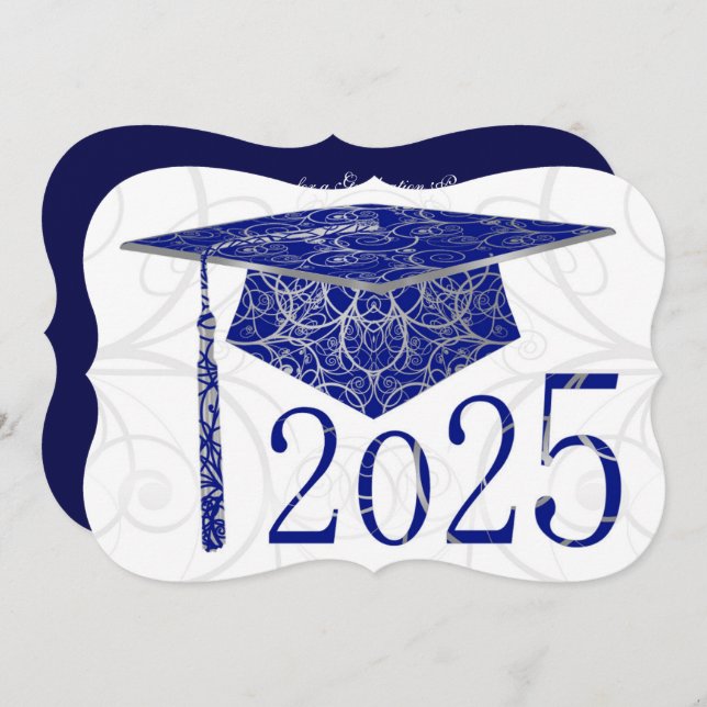 Blue & Silver Floral Cap 2025 Graduation Party Invitation (Front/Back)