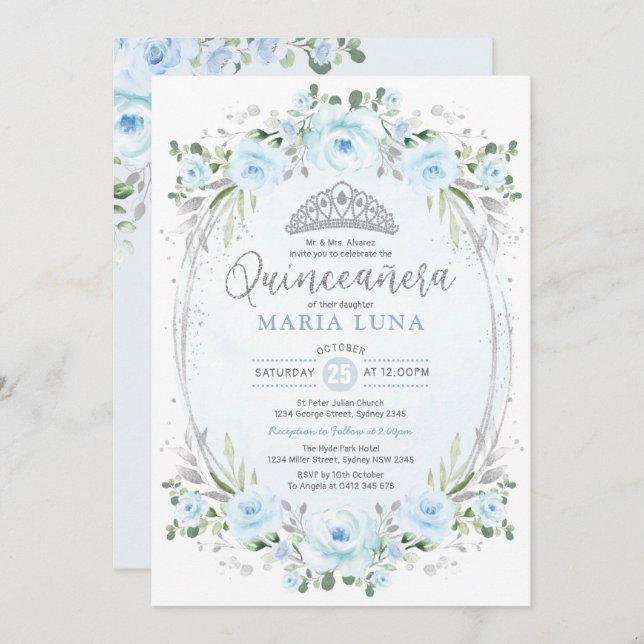 Blue Silver Floral Crown Princess Quinceañera Invitation (Front/Back)