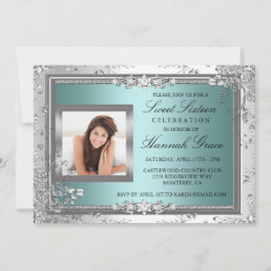 Blue & silver floral Photo Sweet Sixteen Invite