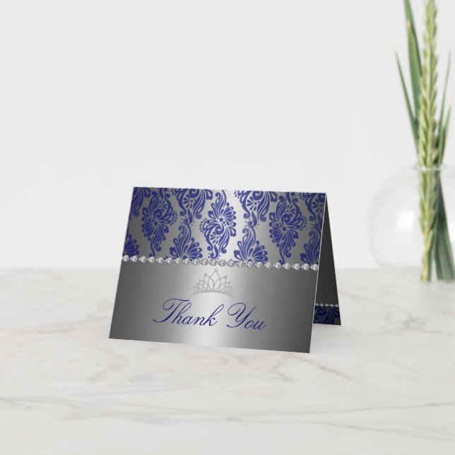 Blue & Silver Floral Print Thank You card (Front)