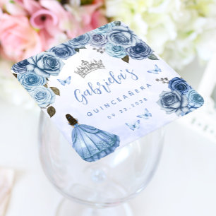 Blue Silver Floral Quinceañera Party Square Paper Coaster