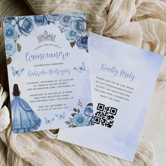 Blue Silver Floral Watercolor QR Code Quinceañera Invitation (Creator Uploaded)