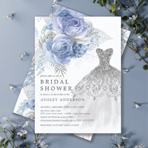 Blue & Silver Floral Wedding Dress Bridal Shower Invitation