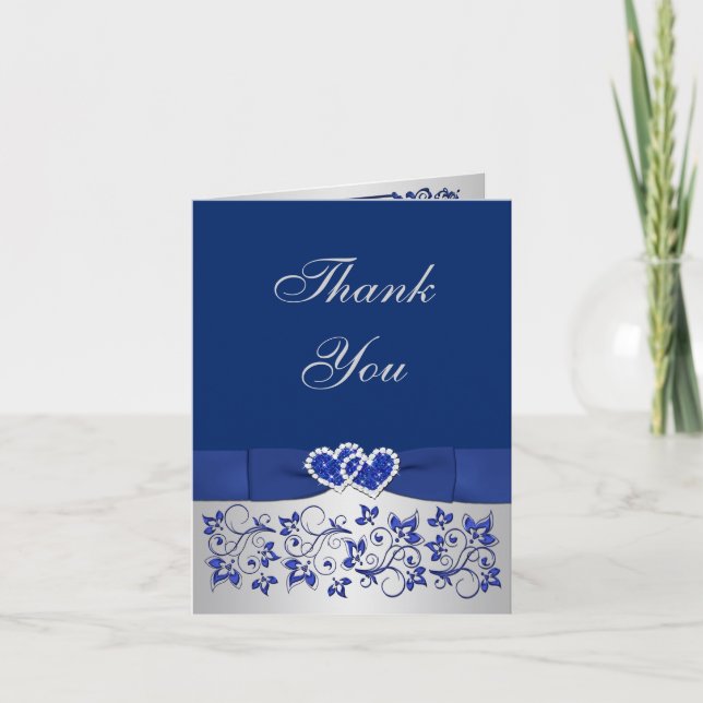 Blue, Silver Floral Wedding Thank You Card (Front)
