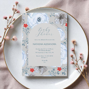 Blue Silver Floral Winter Baby Shower Elegant Boho Invitation