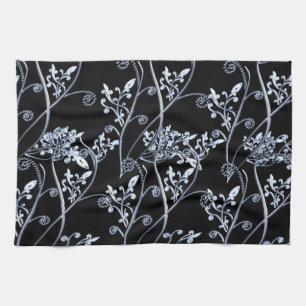 Blue Silver Flower Vines On Black Tea Towel