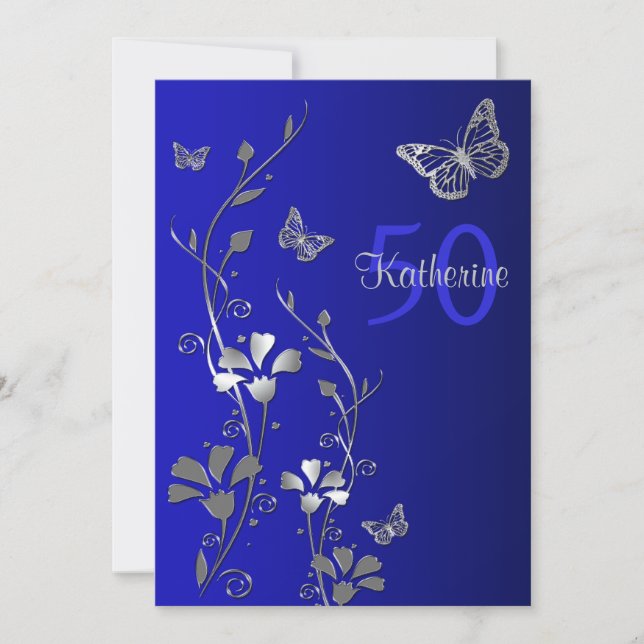 Blue, Silver Flowers & Butterflies 50th Birthday Invitation (Front)