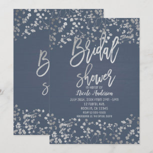 Blue Silver Foil Babys Breath Modern Bridal Shower Invitation