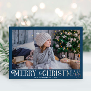 Blue Silver Foil Modern Merry Christmas photo Holiday Card