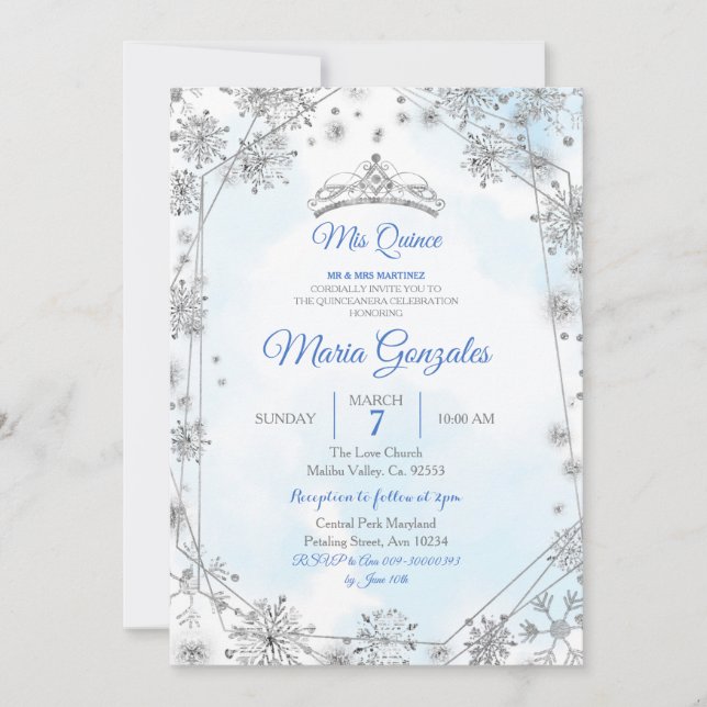 Blue & Silver Geometric Mis Quince Invitation (Front)