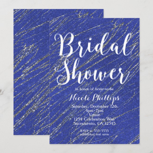 Blue & Silver Glam Marble Stripe Bridal Shower Invitation (Front/Back)