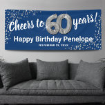 Blue Silver Glitter 60th Birthday Banner<br><div class="desc">Elegant sixtieth birthday party banner featuring a stylish blue background that can be changed to any colour,  silver sparkly glitter,  sixty silver hellium balloons,  and a modern 60th birthday celebration text template that is easy to personalise.</div>