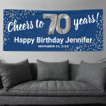 Blue Silver Glitter 70th Birthday Banner<br><div class="desc">Celebrate a milestone birthday in style with our elegant seventieth birthday party banner. Boasting a customizable stylish blue background, faux silver sparkle, and modern 70th birthday celebration text, this banner is the perfect way to make a statement. Plus, our seventy silver helium balloons add an extra touch of glamour. Easily...</div>