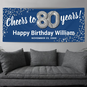 Blue Silver Glitter 80th Birthday Banner
