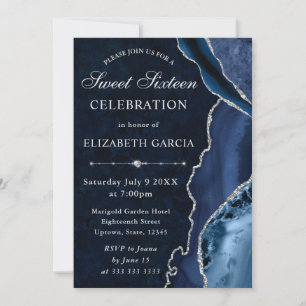 Blue & Silver Glitter Agate and marble Sweet 16 Invitation