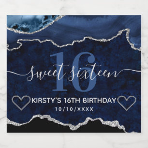 Blue & Silver Glitter Agate Marble Sweet Sixteen Sparkling Wine Label