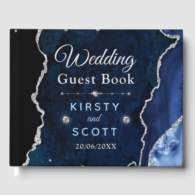 Blue & Silver Glitter Agate Wedding Guest Book (Front)