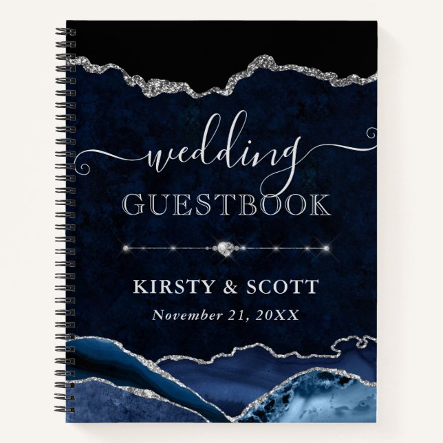 Blue & Silver Glitter Agate Wedding Guest Book (Front)