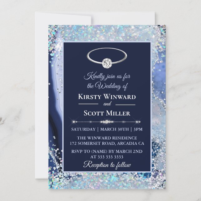 Blue Silver Glitter Agate Wedding Invitation (Front)