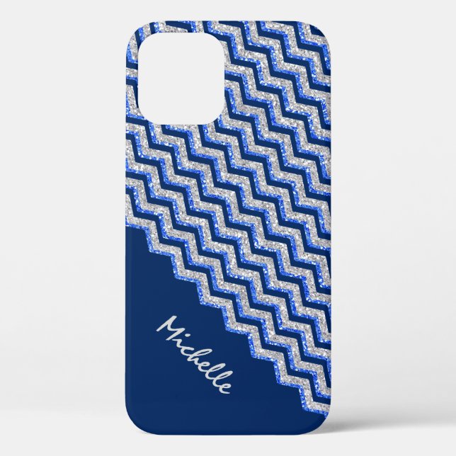 Blue Silver Glitter Chevron Personalised Case-Mate iPhone Case (Back)