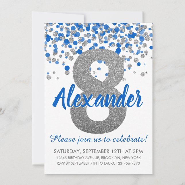 Blue Silver Glitter Confetti Boy Eighth Birthday Invitation (Front)