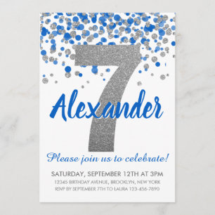 Blue Silver Glitter Confetti Boy Seventh Birthday Invitation