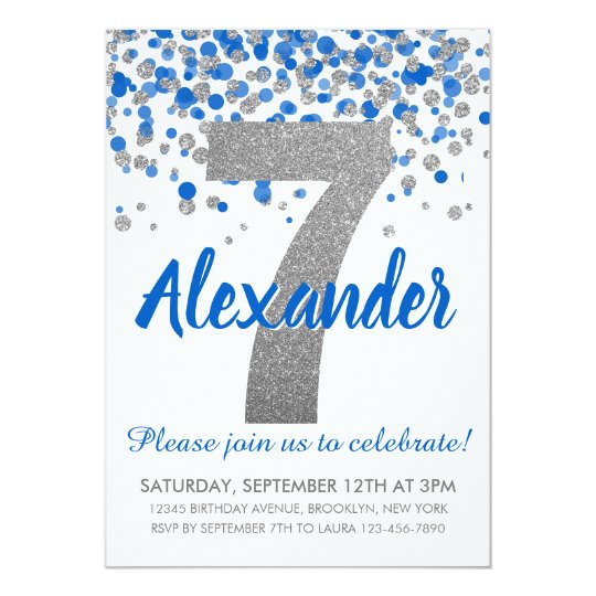 Blue Silver Glitter Confetti Boy Seventh Birthday Invitation Zazzle