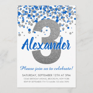 Blue Silver Glitter Confetti Boy Third Birthday Invitation