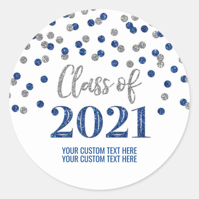 Blue Silver Glitter Confetti Graduation 2021 Classic Round Sticker (Front)