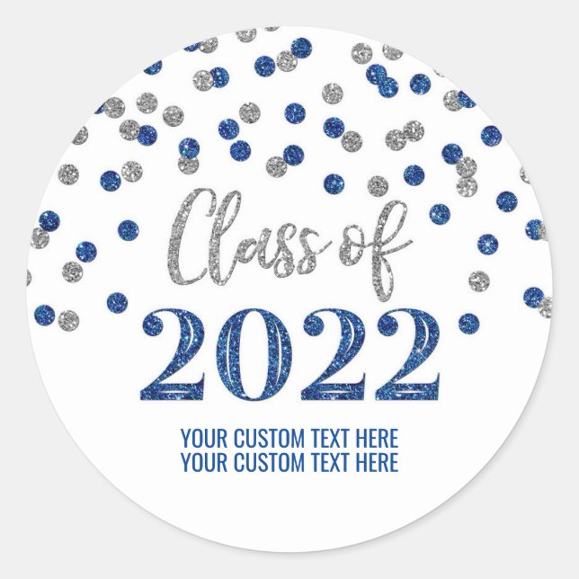 Blue Silver Glitter Confetti Graduation 2022 Classic Round Sticker (Front)