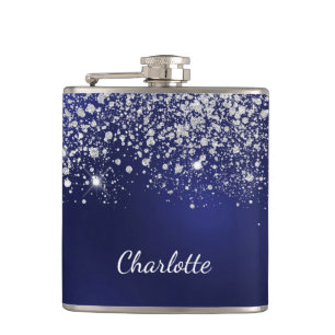 Blue silver glitter dust monogram name script hip flask