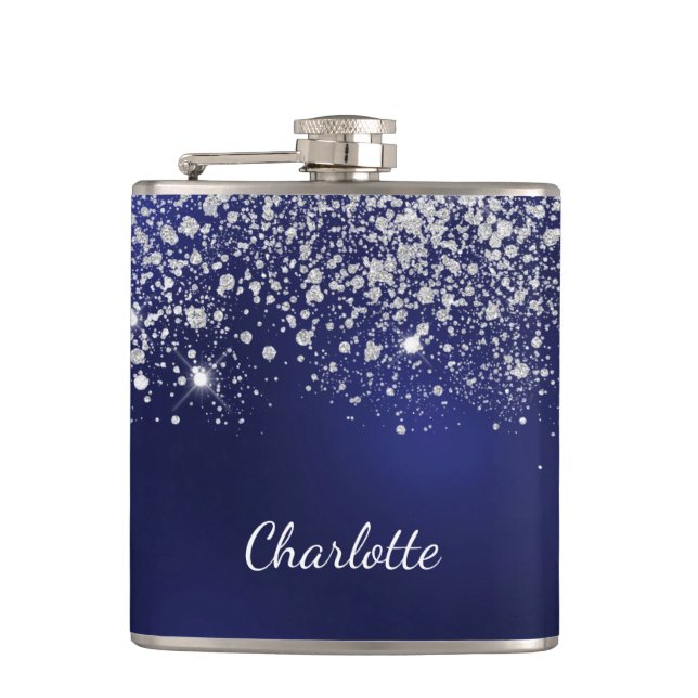 Blue silver glitter dust monogram name script  hip flask (Front)