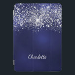 Blue silver glitter dust monogram name script iPad pro cover<br><div class="desc">A blue background. The blue colour is uneven. Decorted with faux glitter dust. Personalise and add a name. The first name is written with a modern hand lettered style script.</div>