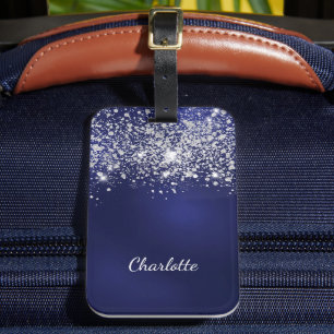 Blue silver glitter dust monogram name script luggage tag